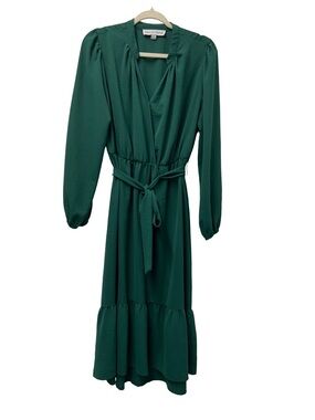 Emma & Michele Deep Green Long-Sleeve Midi Wrap Dress